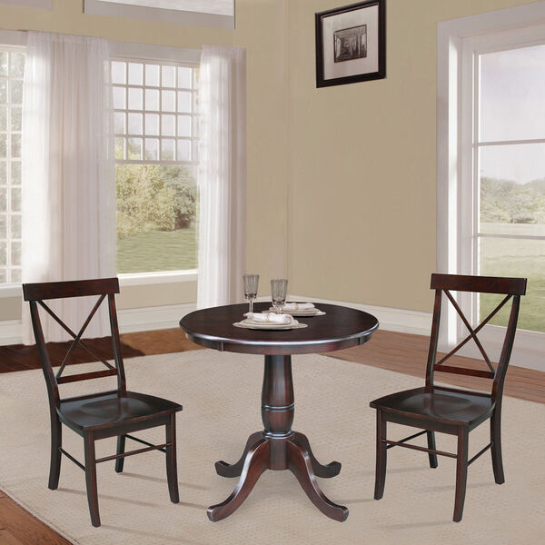International Concepts Rich Mocha 30-Inch Round Top Pedestal Dining Table  with Two X-Back Chair, Three-Piece K15-30RT-C613-2 | Bellacor