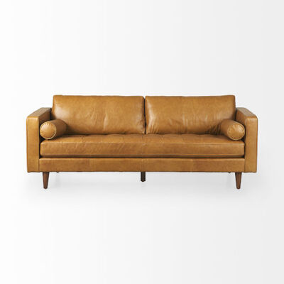 Mercana Svend Tan Leather Love Seat Sofa 69638 | Bellacor