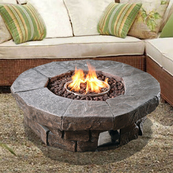Peaktop Dark Brown Outdoor Round Stone Look Propane Gas Fire Pit HF11802AA  | Bellacor