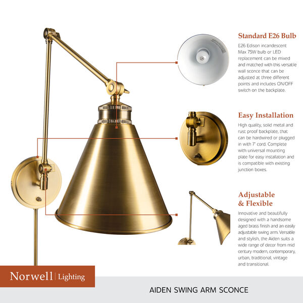 Norwell Aidan Aged Brass Swing Arm Wall Lamp 8475-AG-MS | Bellacor