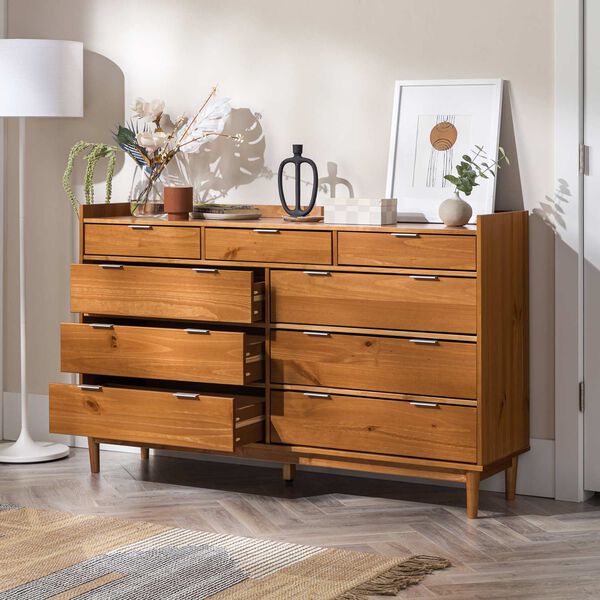 Walker Edison Furniture Co. Caramel Solid Wood Nine-Drawer Dresser  BR9DRLEEDRCA | Bellacor