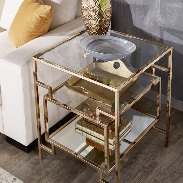 HomeHills Cade Champagne Gold Side Table with Glass Top and Mirror Bottom  22E836A-BS | Bellacor